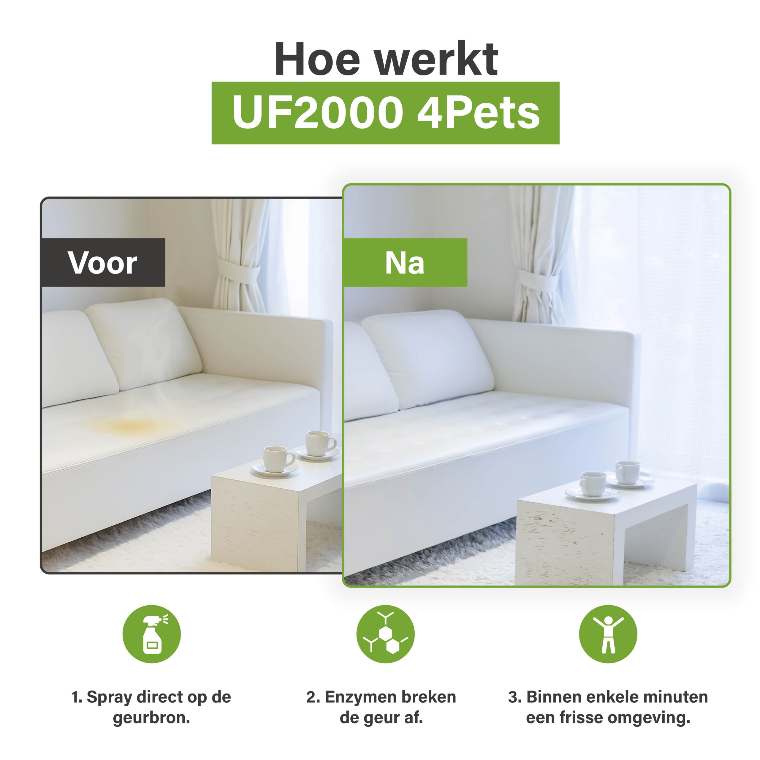 Изображение с сравнение „преди и след“ на диван с уринно петно и същата мебел след третиране с UF2000 4Pets, включително стъпки: напръскване, ензимно разграждане и свежа среда.