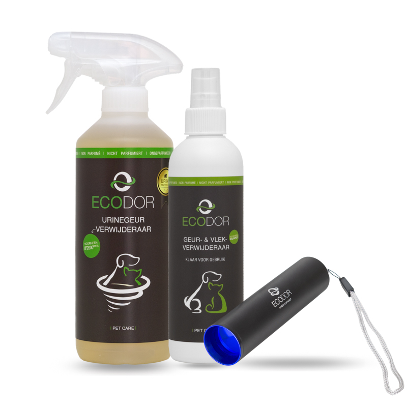 Комбиниран комплект с препарат за премахване на миризма от урина, премахвач на миризми и петна и презареждащ се детектор за урина.