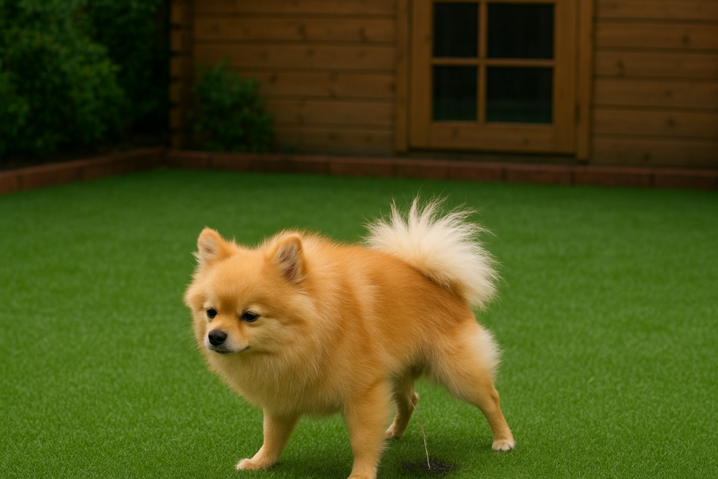 Куче уринира върху изкуствена трева в градината