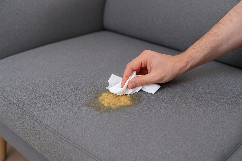 Ръка, която попива повръщано върху сив диван с текстилна тапицерия с кърпа.