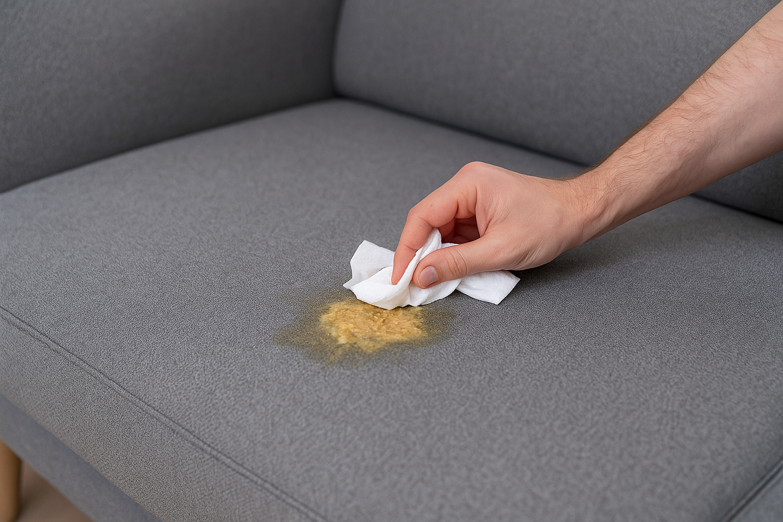 Ръка, която попива повръщано върху сив диван с текстилна тапицерия с кърпа.
